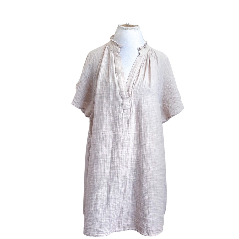 H&M Boho Gauze Tunic Euro Summer Dress Size M Beige Flutter Sleeve Coastal Beach